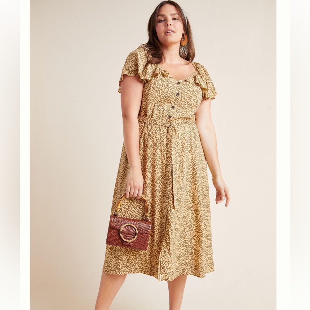 Anthropologie mauve bolano leopard print safari midi button down dress